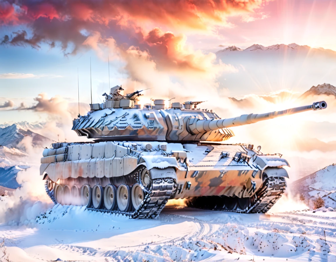 a picture of a Merkava tank on top of a snowy mountain watches the horizon at sunset, sun rays, some clouds, fog of war, vibrant, Ultra-high resolution, High Contrast, (masterpiece:1.5), highest quality, Best aesthetics), best details, best quality, highres, 16k, [ultra detailed], masterpiece, best quality, (extremely detailed)
