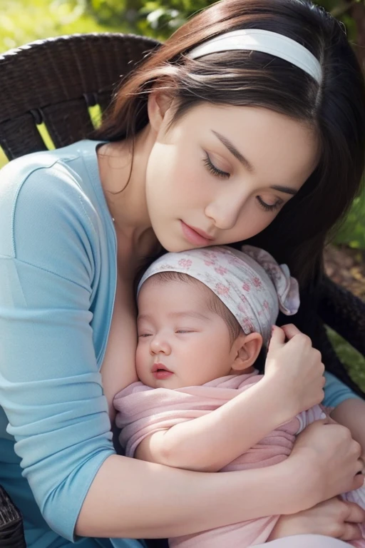 ((Extremely quality photo realistic),masterpiece,raw,UHD,best quality,24mm,4K Texture,side sleeping pose,half body shot,((mother and baby)), a mother is sleeping on her side with her baby, wearing a headband,hyper realistic skins, hyper realistic face, hyper realistic lips, hyper realistic eyes. (holding a baby),((hyper realistic baby)),hyper realistic baby face,hyper realistic baby body)), (spreading clothes, huge breast cleavage),perfect face,perfect eye,face detailed,hyper realistic face,extremely detailed face,hyper realistic detailed,hyper realistic finger hand shape,hyper realistic detailed finger nail, hyper realistic number of fingers,in the park chair,((hyper realistic baby)), (extremely realistic photo),side photo,hyper realistic atmosphere, fixed all shape humanize