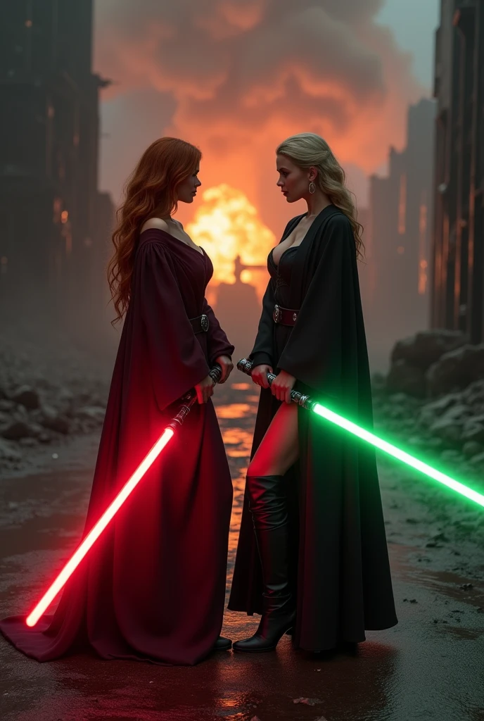 (full body shot:1) photorealistic image of two (standing pose:1) women, ultrarealistic, photography, one with long red hair, woman, 24 years old, hourglass figure, perfect body, seductive look, natural medium breasts, blur background, in complete darkness, she is wearing a sith robe, she is holding a red lightsaber, the lightsaber is the only lightsource, on a dark destroyed spacestation, explosion in the background, long sexy legs, lightsaber battle against a blonde, 30 years old, curvy figure, she is wearing a jedi robe, green lightsaber, side view, crossing lightsabersin a battle, sparks are flying, dynamic shot, action shot
