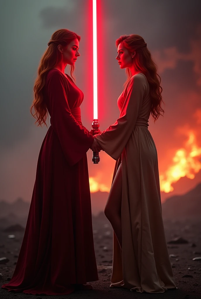(full body shot:1) photorealistic image of two (standing pose:1) women, ultrarealistic, photography, one with long red hair, woman, 24 years old, hourglass figure, perfect body, seductive look, natural medium breasts, blur background, in complete darkness, she is wearing a sith robe, she is holding a red lightsaber, the lightsaber is the only lightsource, on a dark destroyed spacestation, explosion in the background, long sexy legs, lightsaber battle against a blonde, 30 years old, curvy figure, she is wearing a jedi robe, green lightsaber, side view, crossing lightsabersin a battle, sparks are flying, dynamic shot, action shot