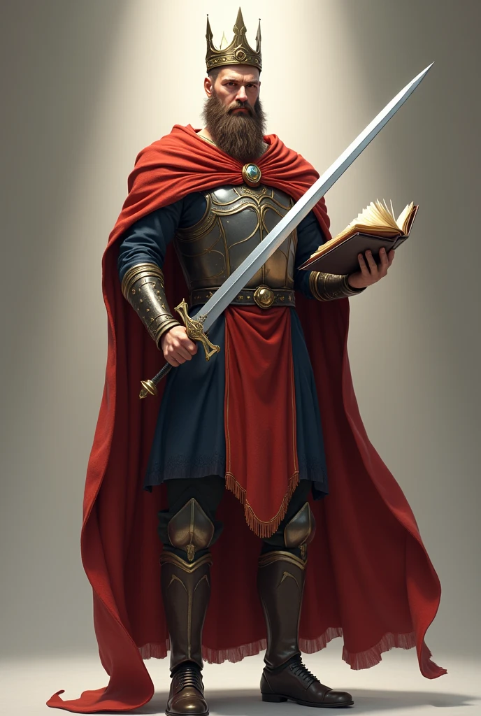 Man wearing crown, holding sword, holding book 3D
