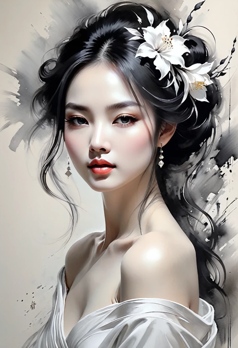 elegant maiden，black andwhite水墨画，loose brushwork，Pen outlines delicate lines，Fluid action，Subtle shades of paint，elegant posture，A peaceful expression，Delicate facial features，black andwhite，to clean