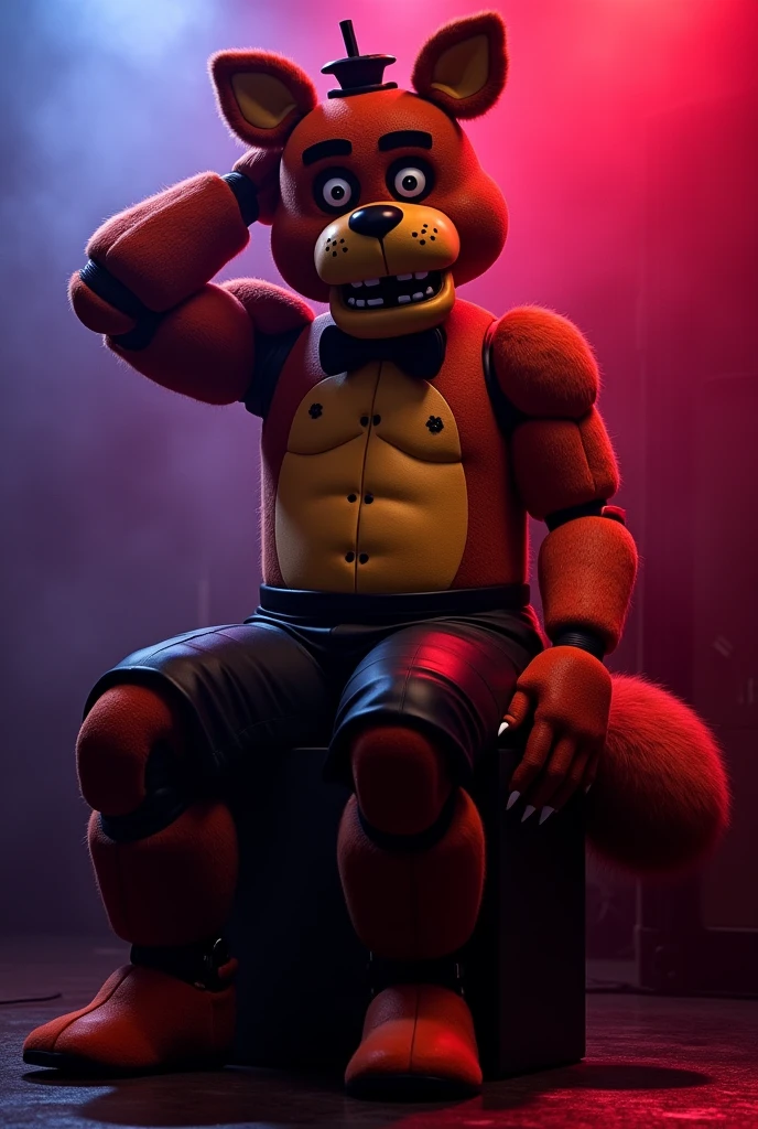 five nights at Freddy's, Foxy, Humanity, animatronic, corpus nuculosum, naked torso, seated, on stage,neon lights, right hand behind the head, left hand on left leg, open legs, red fur, black pants, sonrrisa sexy, malicious look, tail visible on right side, claws on left hand, Rockstar style, shading.