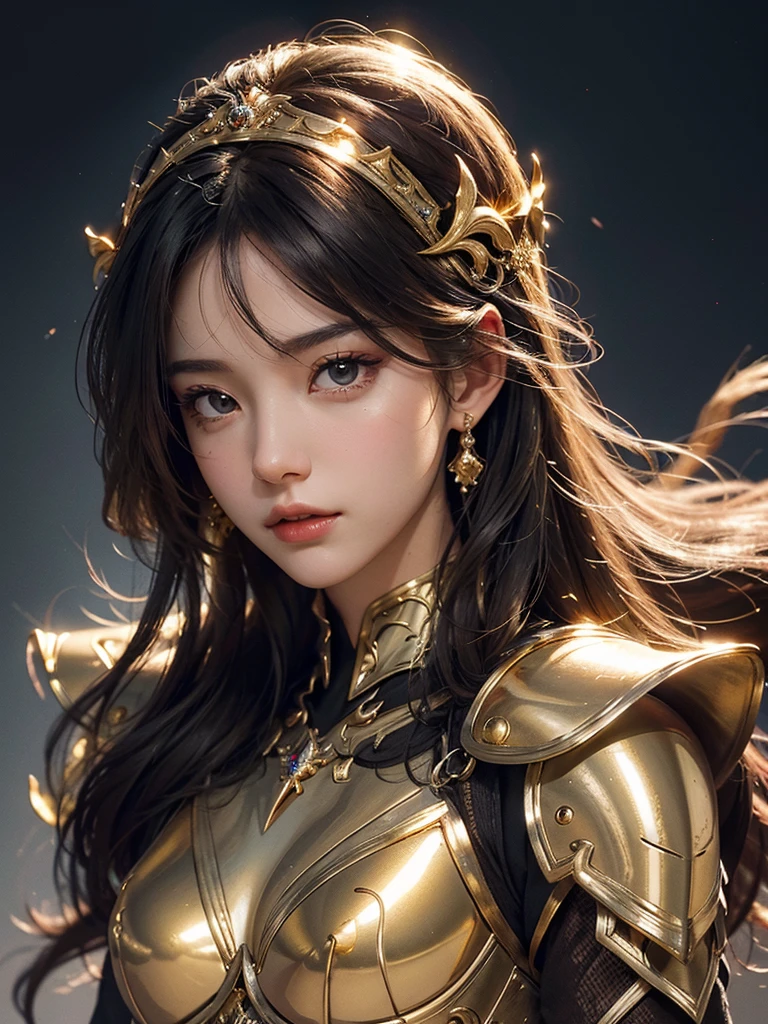 best quality, 8k, very delicate and beautiful, highly detailed face and skin texture, shiny skin, high resolution, beautiful girl in beautiful shining gold armor, sharp focus