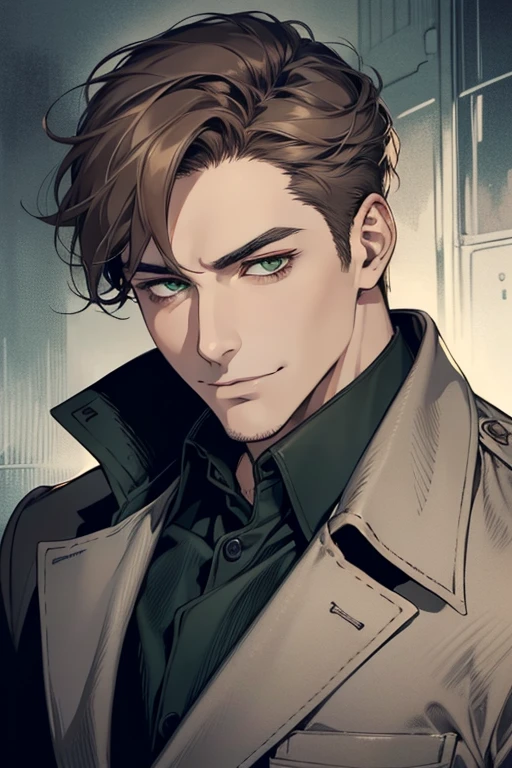 masterpiece, best quality, realistic, 1man, mature male, quiet and charming mature man, 35 years old, smirk and look on the side, closed mouth, portrait, extremely detailed face, smirk, (dark green eyes), (short-side-swept gray brown hair)), [thick eyebrows], (detective clothing)