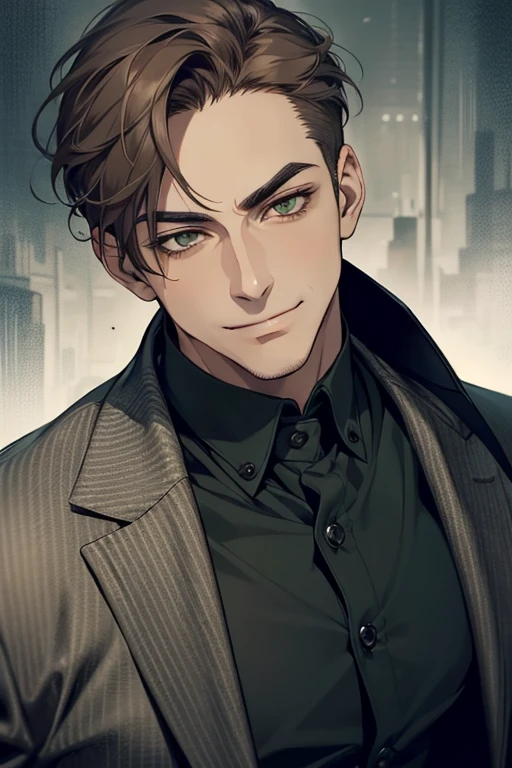 masterpiece, best quality, realistic, 1man, mature male, quiet and charming mature man, 35 years old, smirk and look on the side, closed mouth, portrait, extremely detailed face, smirk, (dark green eyes), (short-side-swept gray brown hair)), [thick eyebrows], (detective clothing)