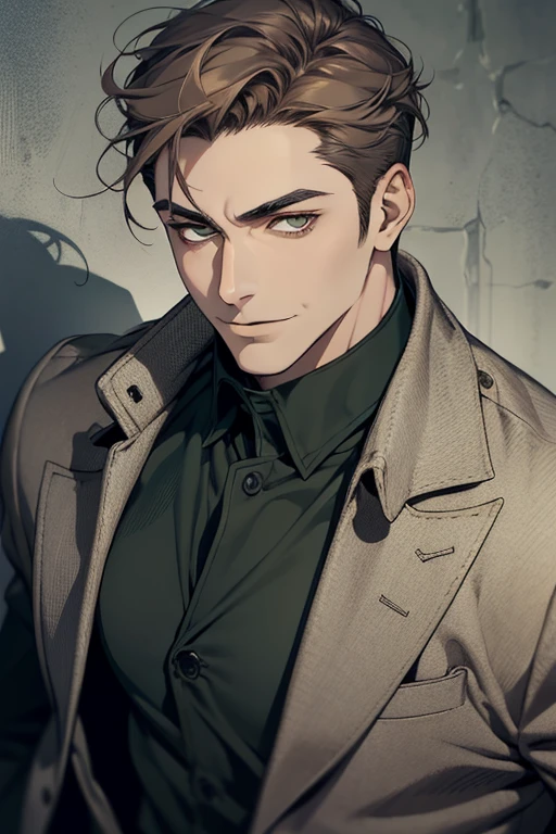 masterpiece, best quality, realistic, 1man, mature male, quiet and charming mature man, 35 years old, smirk and look on the side, closed mouth, portrait, extremely detailed face, smirk, (dark green eyes), (short-side-swept gray brown hair)), [thick eyebrows], (detective clothing)