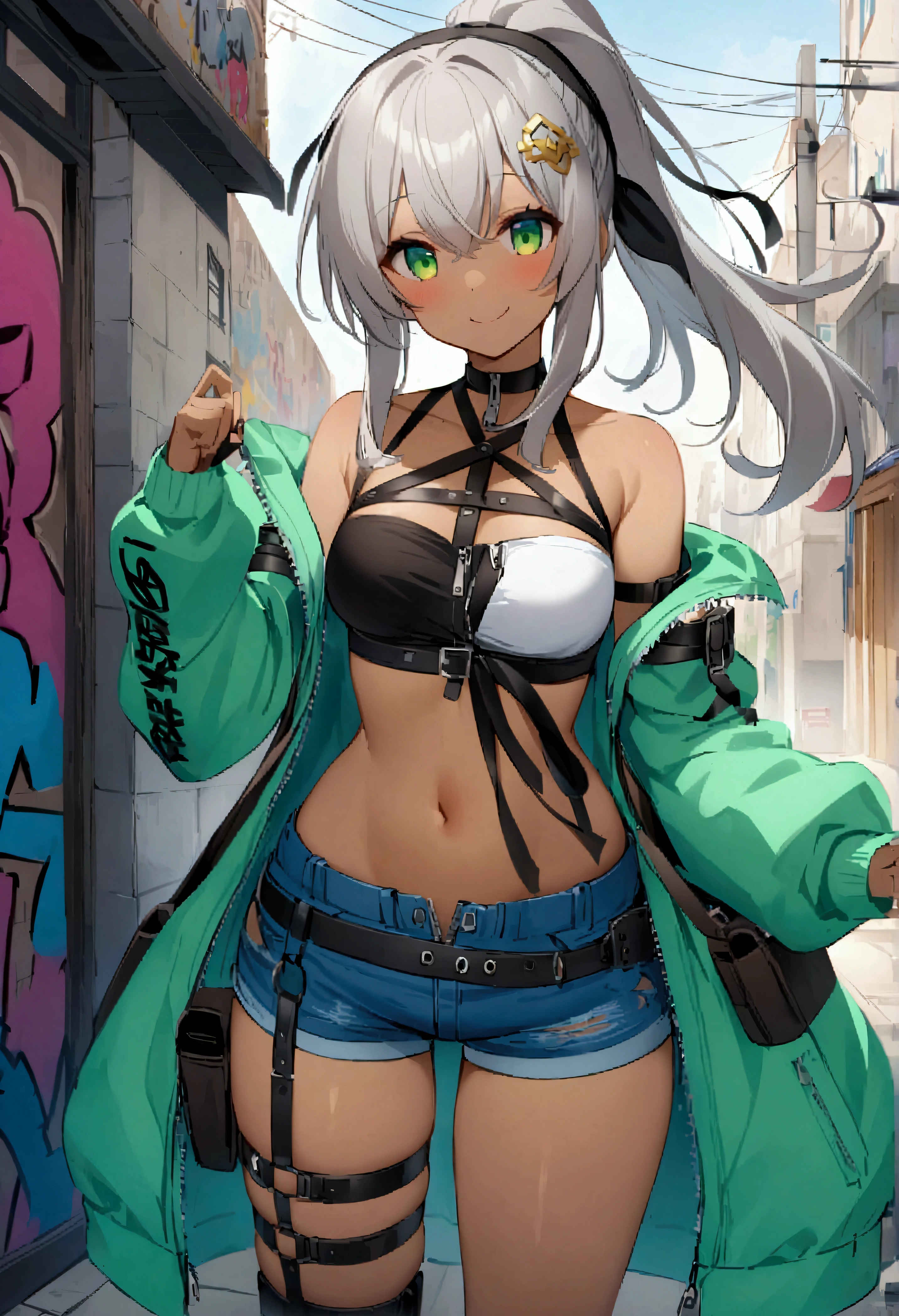 One girl、Dark Skin、Grey Hair、Green Eyes、ponytail、hair ornaments、ribbon、bandana、首に巻いたbandana、Bandeau、Clothing with writing、Removable sleeves、hoodie、Food、Exposed shoulders、Shorts、Zipper opened、Asymmetrical legwear、Thigh straps、Thigh pouch、Knee pads、Have a weapon、Submachine Gun、smile、Outdoor、City、graffiti 、Score 9、Score 8_up、Score 7_up、Score 6_up、Score 5_up、Score 4_up、BREAK Source Anime、masterpiece