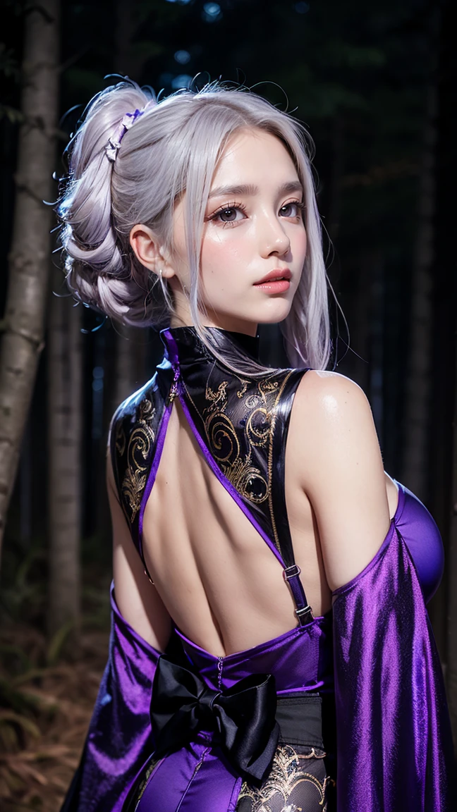 Varus, as a female, drawing back her bow, her attire glowing with dark purple and silver, in the latest Shadow Huntress skin with ominous energy swirling around her and a dark forest as the backdrop (having beautiful breasts: 1.33), (having clothes: 1.77).