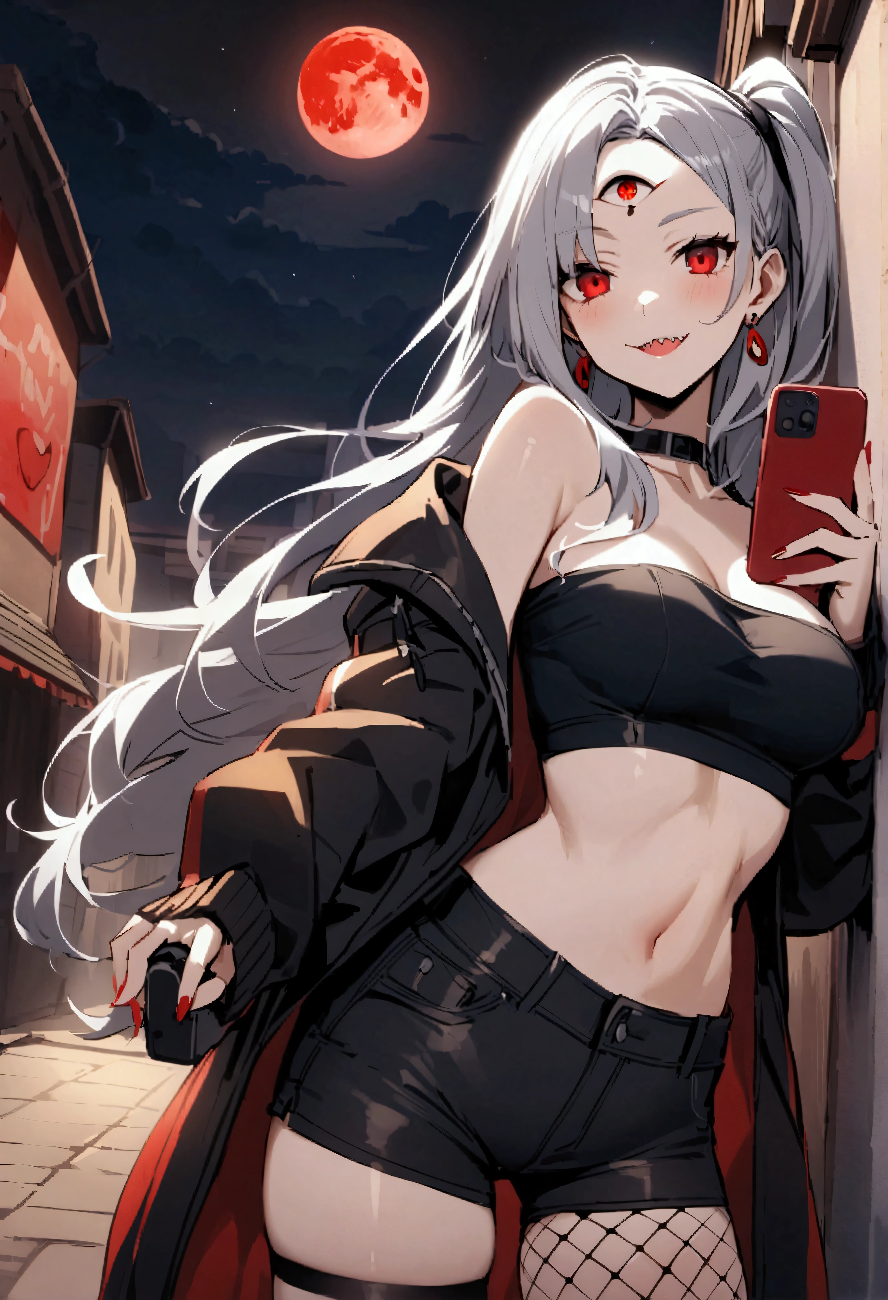 Abigail(destiny))、One girl、Gray Hair、Long Hair、Red eyes、amount、Third Eye、Side Lock、Parted bangs、Side Ponytail、Earrings、Baseball cap、Black jacket、Off the shoulder、Exposed shoulders、Tube top、Shorts、Fishnet tights、Asymmetrical legwear、Have a mobile phone、Sharp teeth、smile、Outdoor、Town、graffiti、night、Red Moon、