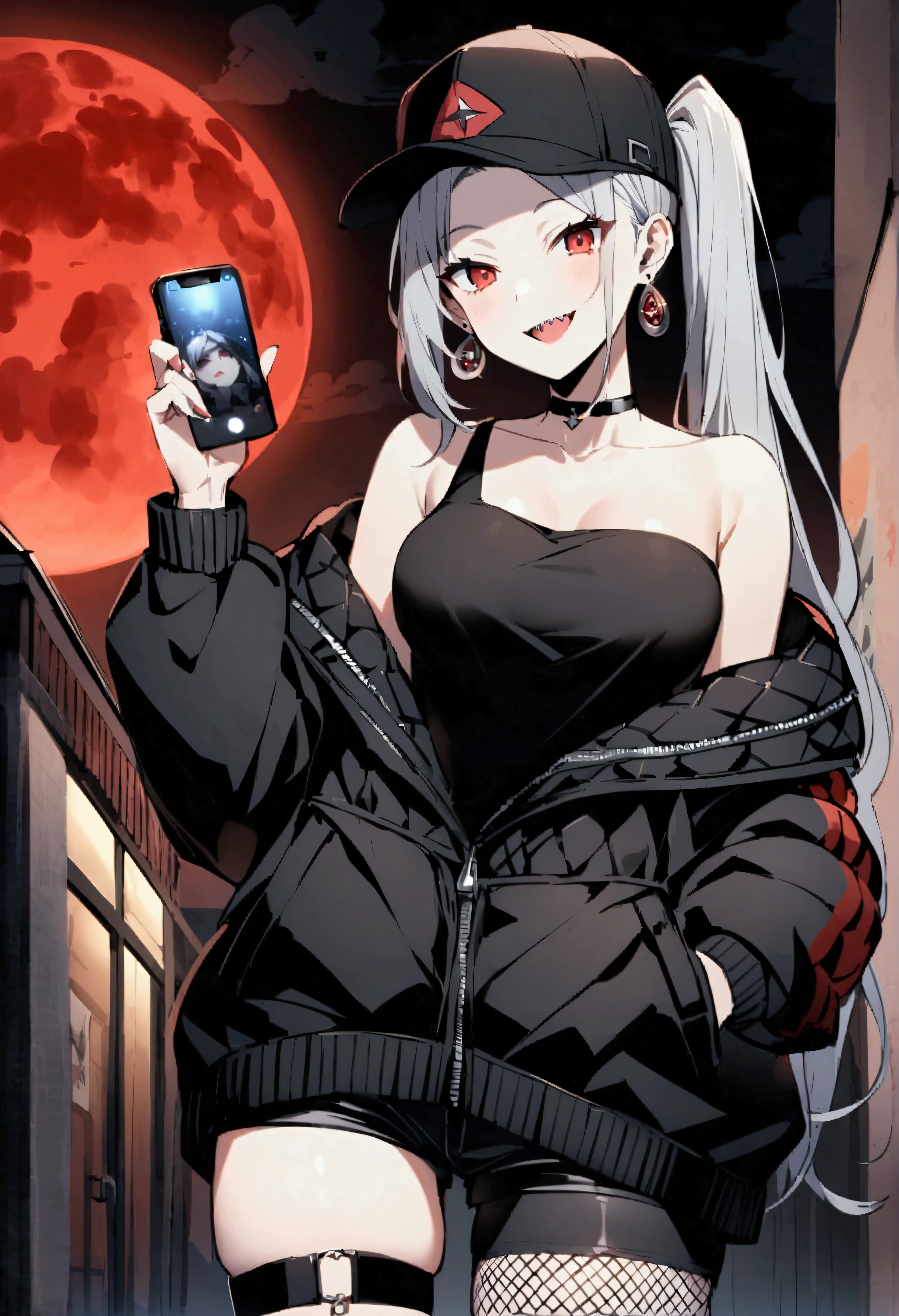 Abigail（destiny））、One girl、Gray Hair、Long Hair、Red eyes、amount、Third Eye、Side Lock、Parted bangs、Side Ponytail、Earrings、Baseball cap、Black jacket、Off the shoulder、Exposed shoulders、Tube top、Shorts、Fishnet tights、Asymmetrical legwear、Have a mobile phone、Sharp teeth、smile、Outdoor、Town、graffiti、night、Red Moon、