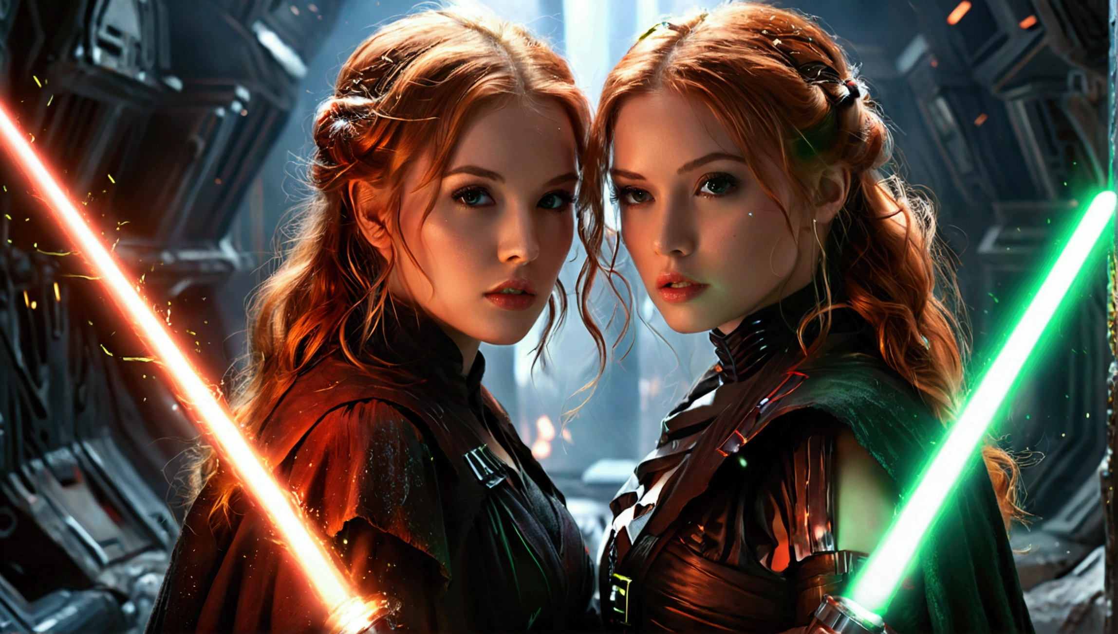 (full body shot:1) photorealistic image of two (standing pose:1) women, ultrarealistic, photography, one with long red hair, woman, 24 years old, hourglass figure, perfect body, seductive look, natural medium breasts, blur background, in complete darkness, she is wearing a sith robe, she is holding a red lightsaber, the lightsaber is the only lightsource, on a dark destroyed spacestation, explosion in the background, long sexy legs, lightsaber battle against a blonde, 30 years old, curvy figure, she is wearing a jedi robe, green lightsaber, side view, crossing lightsabersin a battle, sparks are flying, dynamic shot, action shot