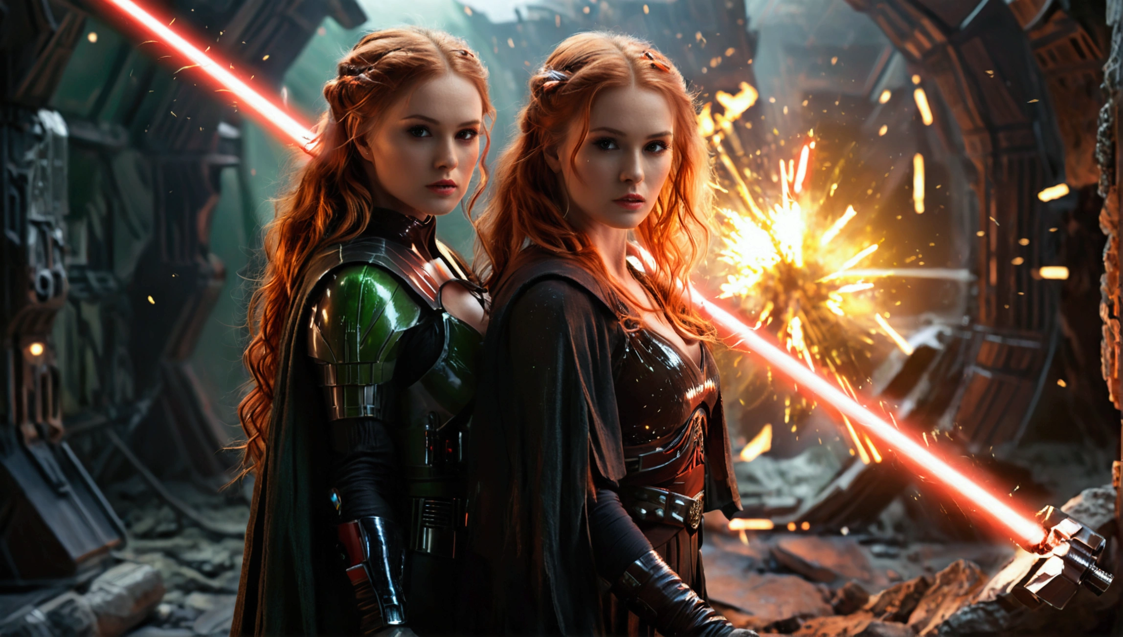 (full body shot:1) photorealistic image of two (standing pose:1) women, ultrarealistic, photography, one with long red hair, woman, 24 years old, hourglass figure, perfect body, seductive look, natural medium breasts, blur background, in complete darkness, she is wearing a sith robe, she is holding a red lightsaber, the lightsaber is the only lightsource, on a dark destroyed spacestation, explosion in the background, long sexy legs, lightsaber battle against a blonde, 30 years old, curvy figure, she is wearing a jedi robe, green lightsaber, side view, crossing lightsabersin a battle, sparks are flying, dynamic shot, action shot