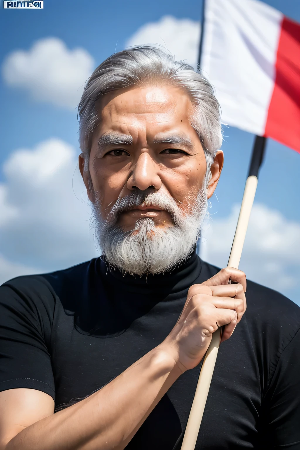 ((masterpiece), (best quality), (raw photo), (photorealistic:1.4), Highly realistic photo, Portrait photo of a 65-year-old Malaysian old man), silver HAIR, long white beard, (wearing a black round neck shirt ), holding a flagpolethe, red flag ,The sunshine, photo taken in 1975 by Fujifilm XT3
