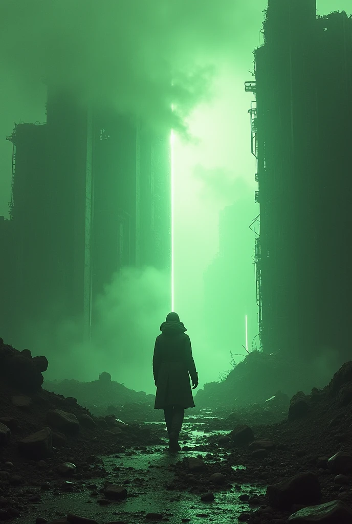 a time traveler emerges from a portal of light on a desolate cyber-destroyed planet, ravaged by war. The landscape is filled with crumbling futuristic buildings, shattered technology, and twisted metal structures. Toxic smoke hangs heavy in the air, casting an eerie, greenish hue across the scene. The atmosphere is thick with a sense of sadness, loneliness, and utter devastation, as the traveler stands alone, gazing at the remnants of a once-thriving civilization. "Dark_fantasía,ciberpunk,, iluminación suave, Colores vibrantes, obra maestra, ((calle))