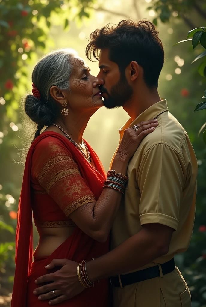 Indian Hindu girl wearing orange colour silky saree bluse , with big breast, waist showing, kissing muslim old man
