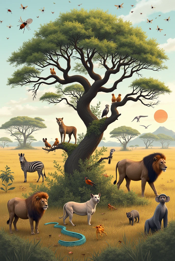 make a food web ChatGPT 4th mini Enter create a small food web using 10 animals from the African savannah Grass (primary producer)
Herbivorous insects (like grasshoppers) (primary consumers)
zebras (primary consumers)
locusts (primary consumers)
lions (secondary consumers, predators of zebras and other herbivores)
Hienas (secondary consumers, can consume zebras and other animals)
Chitas (secondary consumers, predators of zebras and other ungulates)
vultures (tertiary consumers, feed on the carcasses of dead animals)
snakes (tertiary consumers, predators of small animals and insects)
monkeys (tertiary consumers, feed on insects, fruits and small vertebrates)