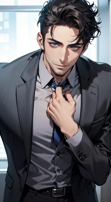 (best quality,4k,8k,highres,masterpiece:1.2),ultra-detailed,(realistic,photorealistic,photo-realistic:1.37),1 man,31 years old,mature man,very handsome,without expression,smile,short grey black hair,blue eyes,penetrating gaze,perfect face without errors,imposing posture,businessman,office background,cinematic lighting,hdr image