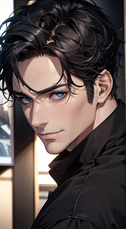 (best quality,4k,8k,highres,masterpiece:1.2),ultra-detailed,(realistic,photorealistic,photo-realistic:1.37),1 man,31 years old,mature man,very handsome,without expression,smile,short grey black hair,blue eyes,penetrating gaze,perfect face without errors,imposing posture,businessman,office background,cinematic lighting,hdr image
