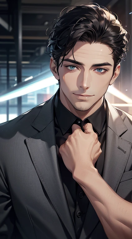(best quality,4k,8k,highres,masterpiece:1.2),ultra-detailed,(realistic,photorealistic,photo-realistic:1.37),1 man,31 years old,mature man,very handsome,without expression,smile,short grey black hair,blue eyes,penetrating gaze,perfect face without errors,imposing posture,businessman,office background,cinematic lighting,hdr image