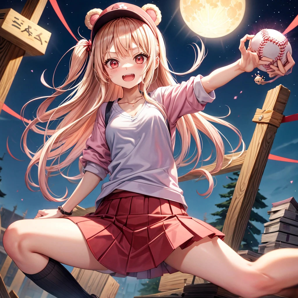 Pink Blonde、Red eyes、Hair tied up、One cute girl、solo、Checked mini skirt、black t-shirts、one piece、cardigan、Knee-high socks、bear ears baseball cap、Burning Full Moon、The tree is dead、Electric spectaculars、Cardboard boxes are piled up、Teeth are visible、Monster Castle、Tilting face、Starry Sky、A teddy bear is jumping