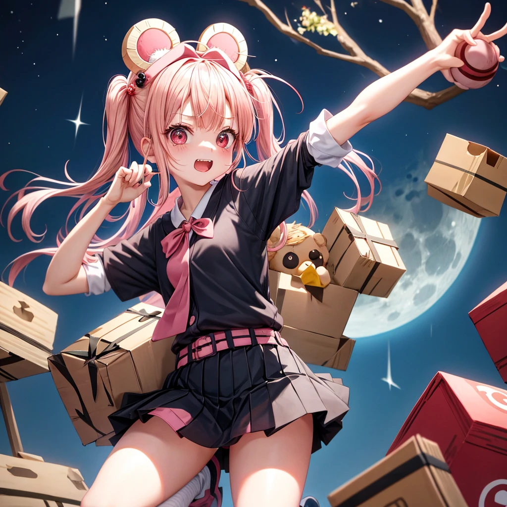 Pink Blonde、Red eyes、Hair tied up、One cute girl、solo、Checked mini skirt、black t-shirts、one piece、cardigan、Knee-high socks、bear ears baseball cap、Burning Full Moon、The tree is dead、Electric spectaculars、Cardboard boxes are piled up、Teeth are visible、Monster Castle、Tilting face、Starry Sky、A teddy bear is jumping