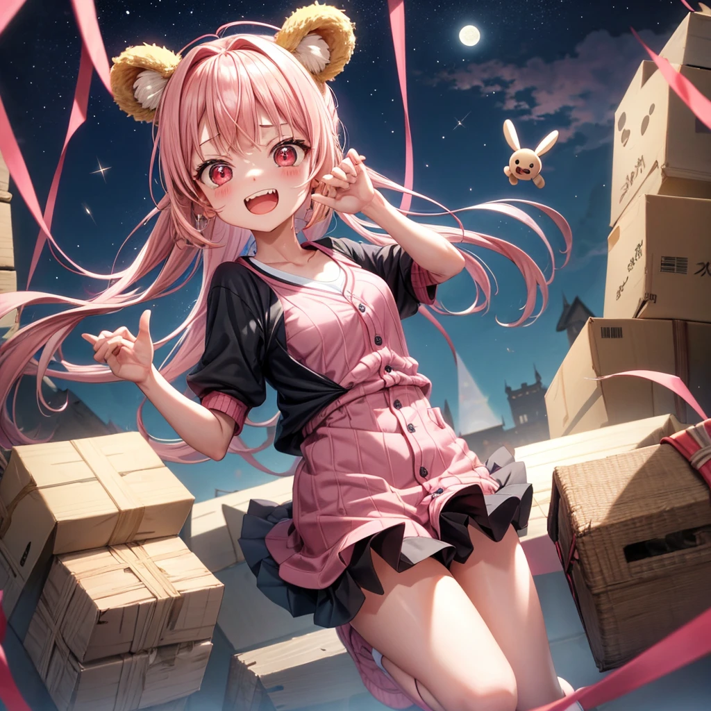Pink Blonde、Red eyes、Hair tied up、One cute girl、solo、Checked mini skirt、black t-shirts、one piece、cardigan、Knee-high socks、bear ears baseball cap、Burning Full Moon、The tree is dead、Electric spectaculars、Cardboard boxes are piled up、Teeth are visible、Monster Castle、Tilting face、Starry Sky、A teddy bear is jumping