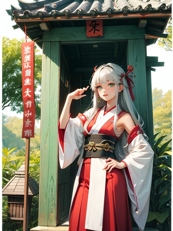 Two beautiful girls、Shrine maiden、Dance、sacred、shrine、Silver Hair、Jade green eyes