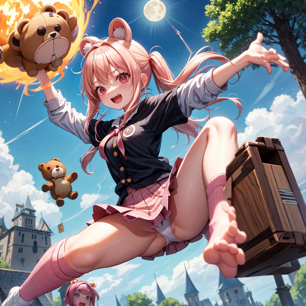 Pink Blonde、Red eyes、Hair tied up、One cute girl、solo、Checked mini skirt、black t-shirts、one piece、cardigan、Knee-high socks、bear ears baseball cap、Burning Full Moon、The tree is dead、Electric spectaculars、Cardboard boxes are piled up、Teeth are visible、Monster Castle、Tilting face、Starry Sky、A teddy bear is jumping