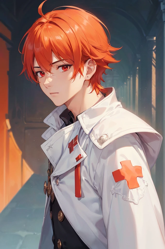 (((masterpiece; best quality: 1.2))), (finely detailed eyes: 1.3), ((1 young man)), ((solo)), (red eyes: 1.4), (body shape; lean, masculine, manly: 1.3), (very short orange hair: 1.3), (beautiful and clear background: 1.2), ((depth of field)), (equipment: high-fantasy medic garb + white long-sleeve overcoat + patch with red cross + black high-neck shirt + gloves: 1.3), (anime illustration: 1.2), (background composition; palace gardens + day: 1.1), (extremely handsome: 1.1), (shot composition; standing + centered on face + bust close-up: 1.5), (facial expression; calm, stoic: 1.2)