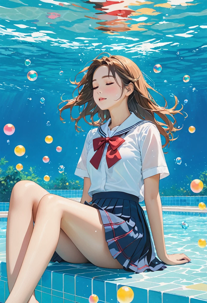 (masterpiece, best quality,ultra highres),flatcolor,(A girl in a school uniform,triangular sitting underwater),closed eyes,fluttering hair,Summer, bottom of the pool,School Uniform,fluttering skirt,bubbles,simple art,simple background,