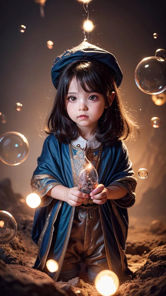 Cute art depicting cute Dikki as a little baby wizard, Surrounded by bubbles of fire , Digital Art, Intricate details, Trend Art Station, Cinematic