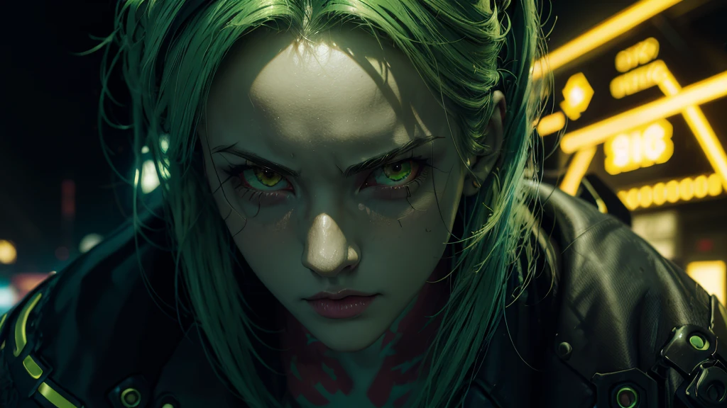 Rebecca from cyberpunk, yellow neon lights, green hair, The artwork is rendered in an edgy and realistic style, with high attention to detail and sharp focus. The colors are vivid and contrasted, with a slight desaturation to create a moody atmosphere. shadowy highlights enhancing the overall composition. The medium used is a digital illustration, with a touch of photo-realistic elements to add depth and texture to the image. The final result is a masterpiece in ultra-high resolution,
