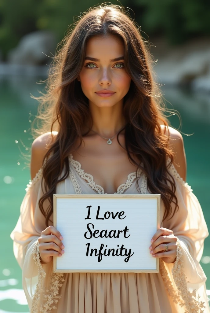 Beautiful girl with wavy long hair, bohemian dress, holding a white board with text "I Love Seaart Infinity" and showing it to the viewer