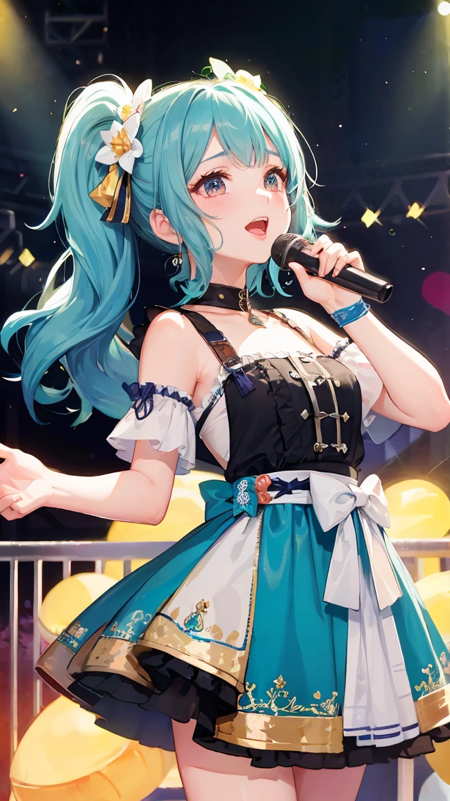 Very cute and beautiful K-POP female idols, Sing on the Gondola Live Stage,
break,
Face close-up, Singing scene, Dress scene, Looking at the audience, crowd、
break,
Idols depicted in vibrant colors, Colorful idol dresses, Expressing the singing voice of an idol with warm colors