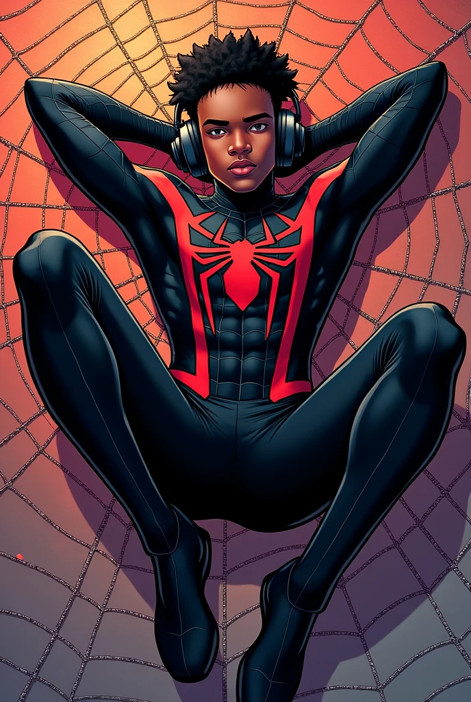 Miles Morales in his black Spiderman suit , comic type , without mask, with his arms behind his head , lying on a spider web and listening to music with big headphones