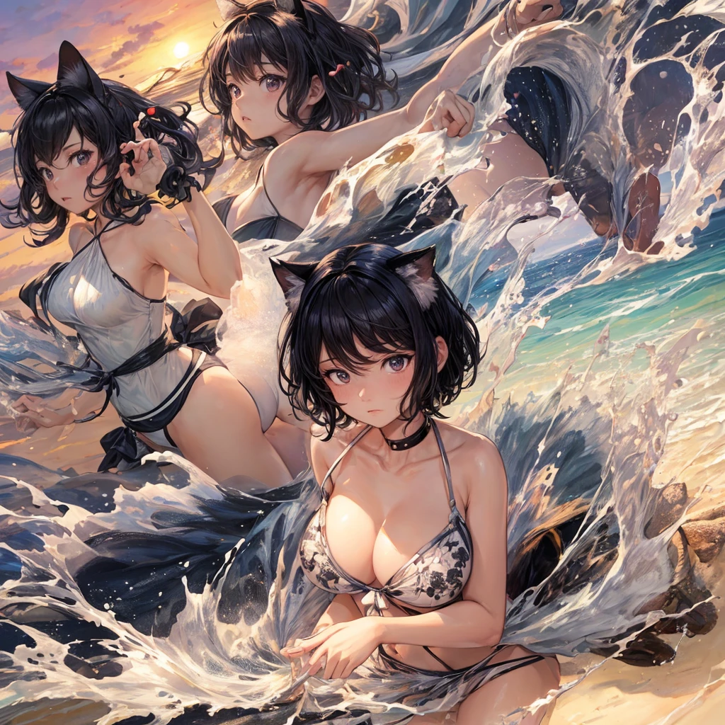 masterpiece, best quality, Extremely detailed, illustration,, Hanekawa short-haired cat, 1 Girl, whole body, , black eyes, Colorful hair, Black Hair, White hair,, swimsuit,, Detailed background, Marketing style, beach, Sunset,