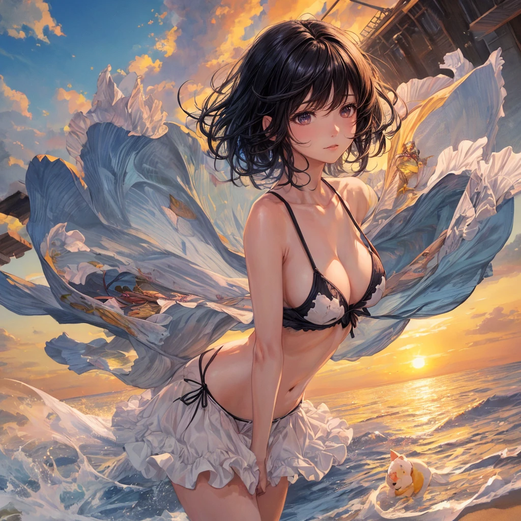 masterpiece, best quality, Extremely detailed, illustration,, Hanekawa short-haired cat, 1 Girl, whole body, , black eyes, Colorful hair, Black Hair, White hair,, swimsuit,, Detailed background, Marketing style, beach, Sunset,