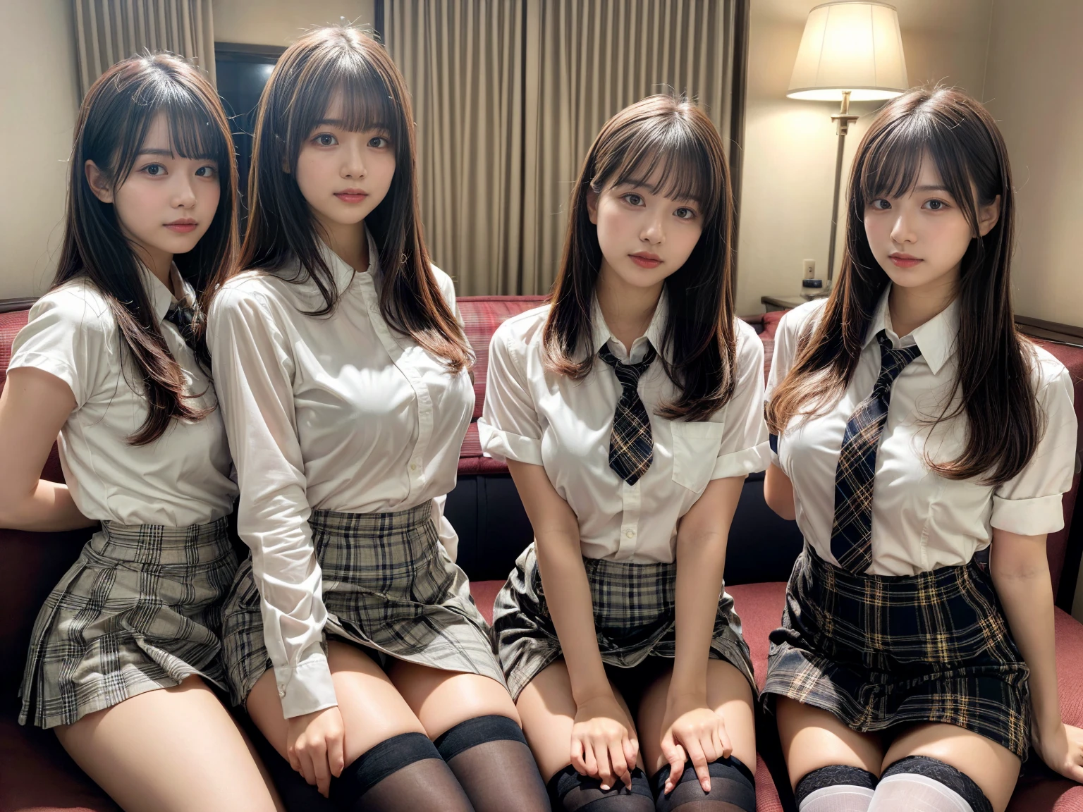 masterpiece, best quality, illustration, Super detailed, fine details, High resolution, 8K,wall paper, perfect dynamic composition,(Details High quality, realistic depiction of eyes:1.3), (3 girls), (white school shirt :1.2), (plaid skirt :1.3), tie black, black thigh-high stockings, sitting, open legs, short bob hair, in a hotel room in the background, deep on field, large breasts, black hair color, Big Natural Color Lip, (perfect body shape), crying a little、Harajuku style、20 year old girl、cute type、beautiful legs, Gravure Idol