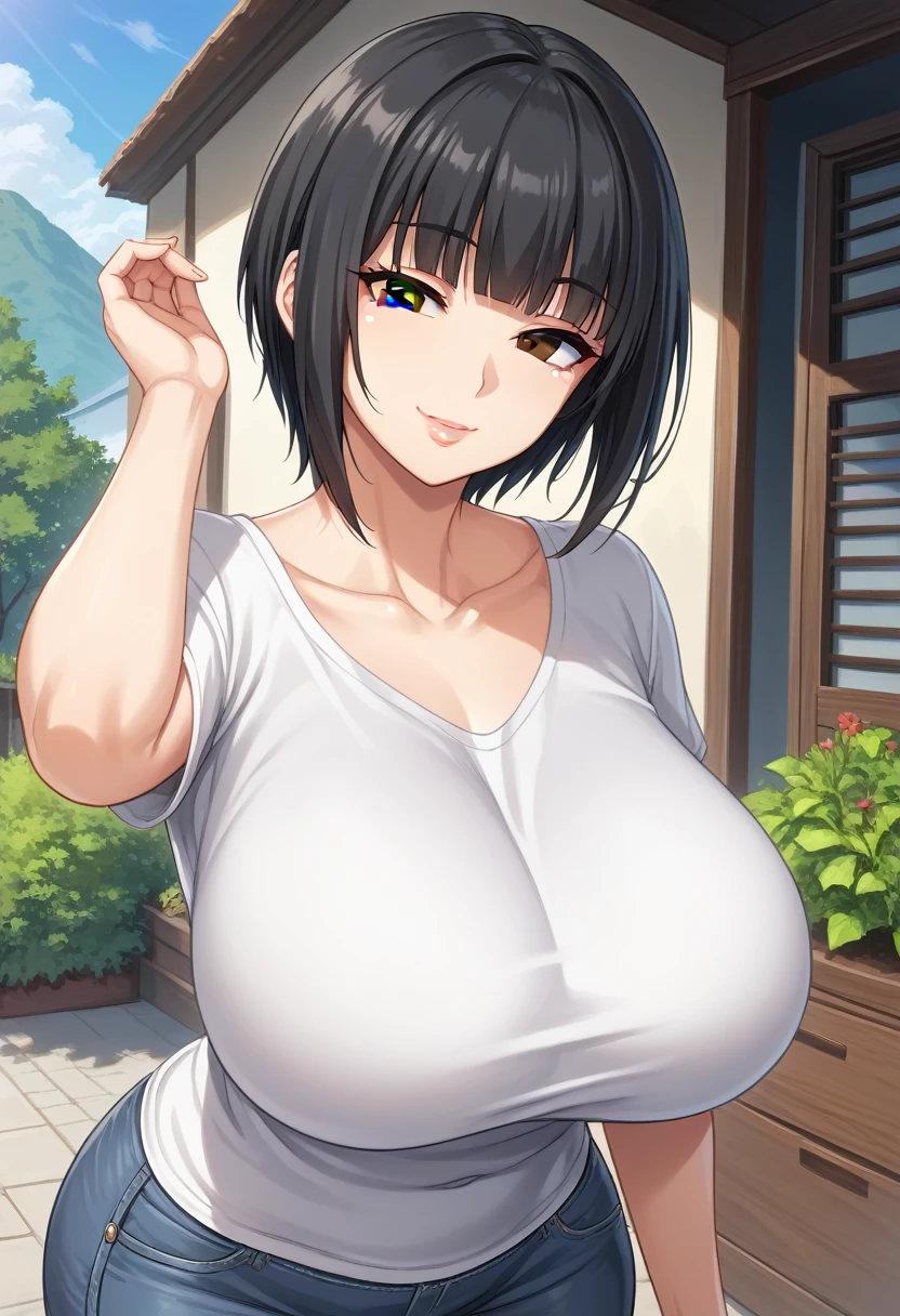 1girl, solo, mature female, older, huge breasts, milf, motherly, wide hips, curvy, beautiful face, expressive eyes, collarbone, lips, tomboy, straight hair, short hair, blunt bangs, black hair, score_9, black eyes, white t-shirt, jeans, outdoors, upper body, looking at viewer, smile