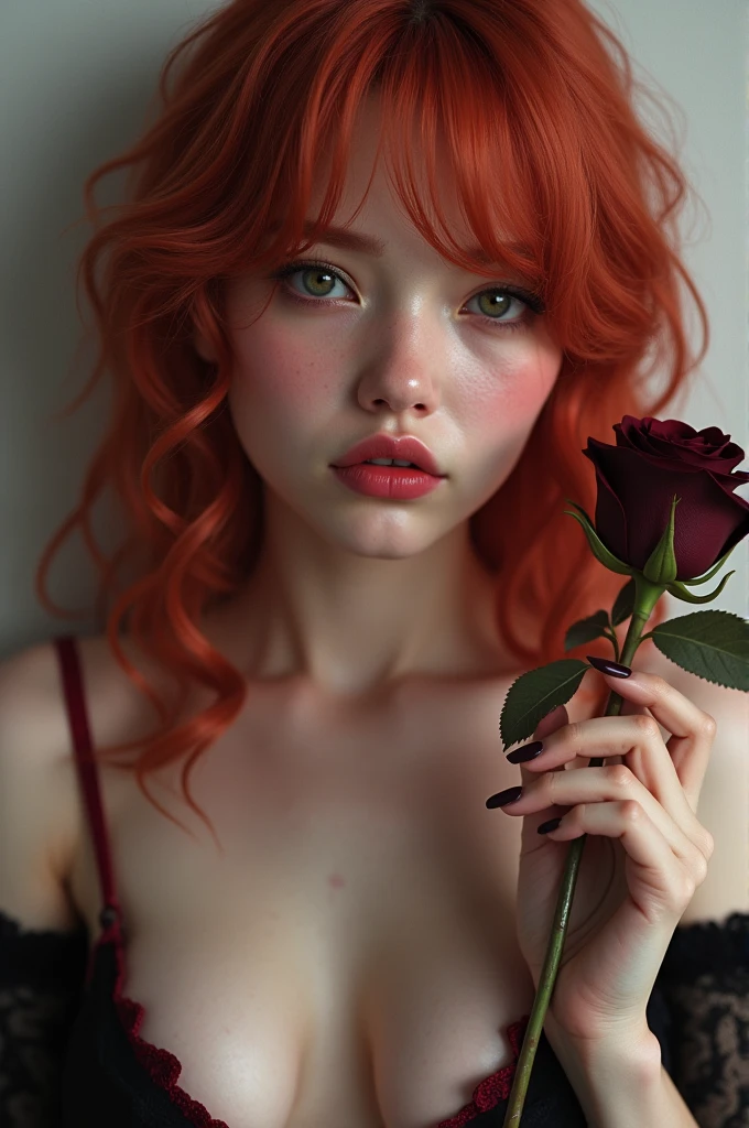 Realistic girl whit pink pusssy and pinky nipple and red hair whit holding black rose 