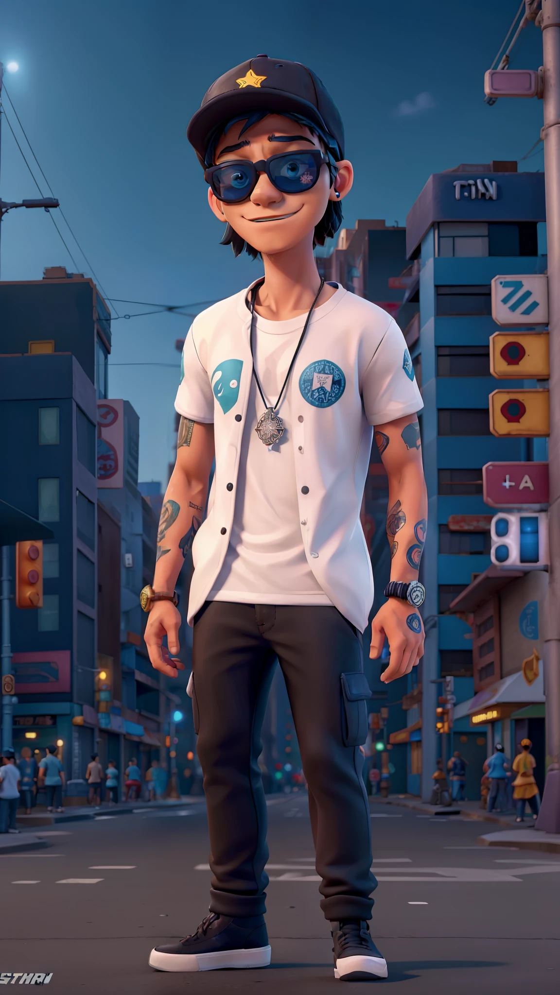 A stylized animated character standing in a vibrant urban setting at night. Ridwan Tamami. The character is dressed in contemporary fashion, wearing a cap with the text 'Ridwan' and 'Tamami', sunglasses, a white t-shirt with the same 'Ridwan Tamami' text and a star design, and dark pants with patches. The character has tattoos on both arms and is adorned with various accessories, including a necklace, bracelets, and earrings. The background is bustling with neon lights, city buildings, and a street, giving the impression of a lively cityscape.