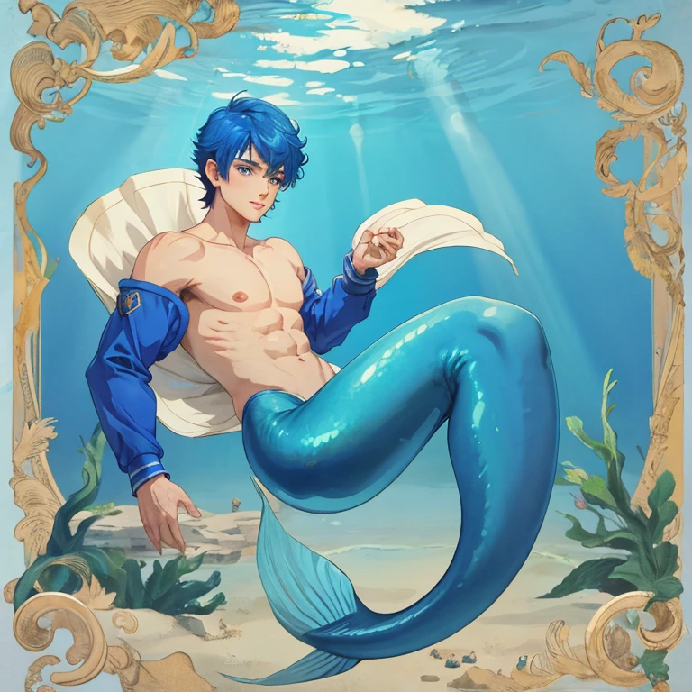 male, merman, merman tail below waistline, short hair, blue hair, blue eyes, underwater,