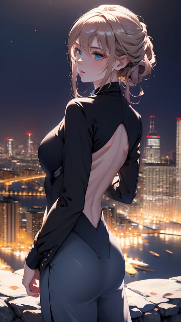 1 girl, medium light gold hair, light blue eyes, wearing black suit, night city, absurdres, high res, ultrasharp, 8K, masterpiece, looking from behind