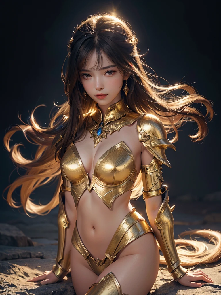 best quality, 8k, very delicate and beautiful, highly detailed face and skin texture, shiny skin, high resolution, beautiful girl in beautiful shining gold armor, full body, sharp focus