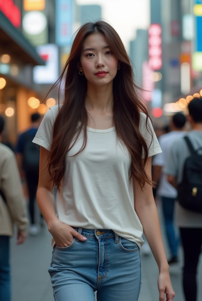 best quality,8k, Detailed facial depictions, Detailed eye description, Brown hair(long wavyhair),beautiful korean girl, 21 years old, slim body, huge breast , tshirt and short jean , walking around in the middle of the city with lots of people in Itaewon, Korea , long exposure