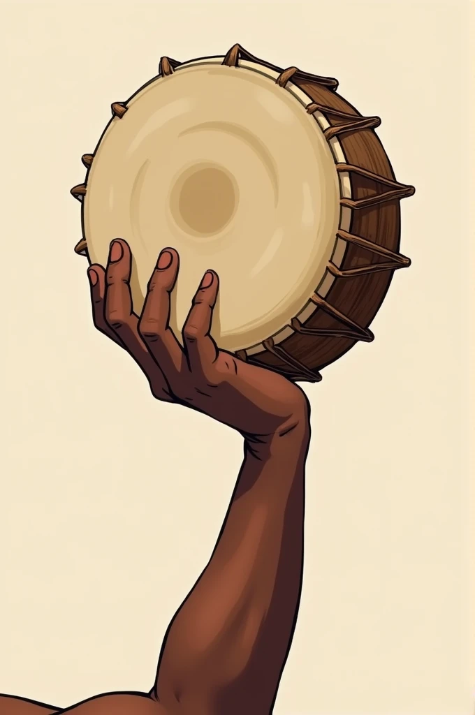 A male hand holding up a kundu drum. Vector drawing.
