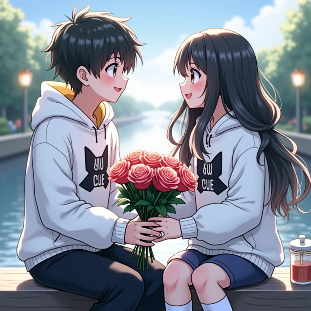 Image d'un couple mignon d'anime portant des sweats à capuche assis près d'un lac, le garçon offre des roses à la fille