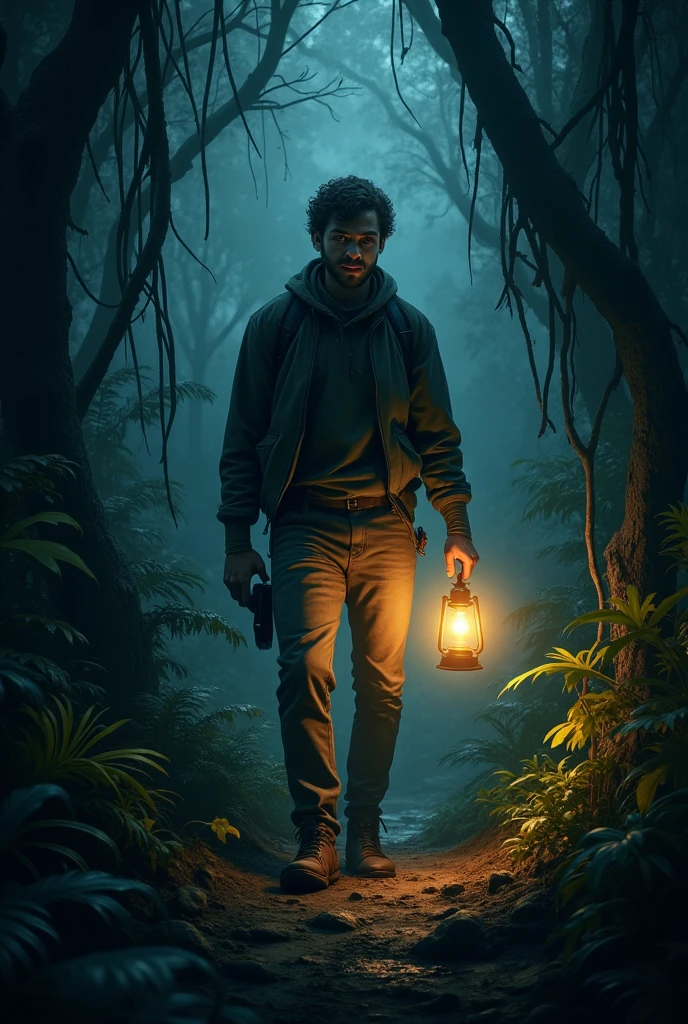 A single man in darkest big jungle with lamp in hand , fearing, shocking  ,night,
 