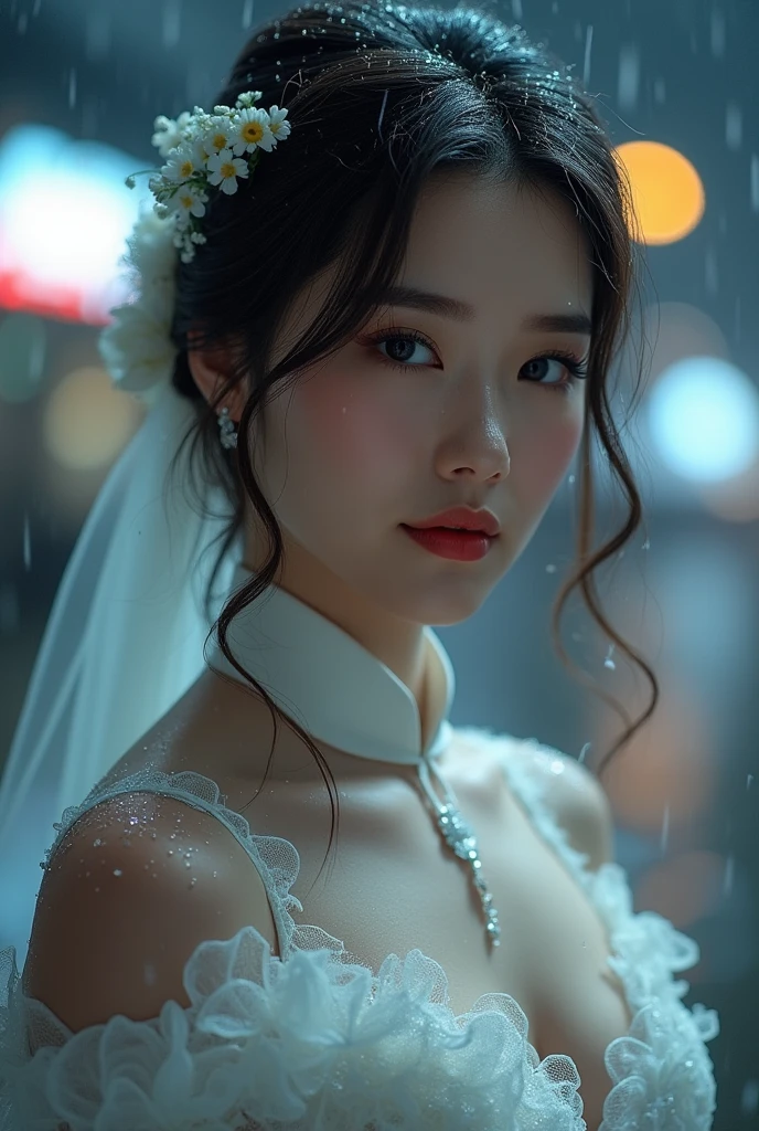 (RAW shooting, Photorealistic:1.5, 8k, Highest quality, masterpiece, 超High resolution), ((((heavy snow, storm)))), Highly detailed skin and facial textures:1.3, Perfect dynamic composition:1.2, (Modern city in front of the church at night, Expressions of sadness:1.0, Tears flow:1.0, Crying with a broken heart:1.0), Slim office lady wet with rain:1.3, Cowboy Shot, Fair skin:1.2, Sexy beauty:1.1, Perfect Style:1.2, beautifully、aesthetic:1.1, Very beautiful face:1.2, Water droplets on the skin, (Rain dripping down on my body:1.2, Wet body:1.2, Wet Hair:1.3), (Professional dressing:1.1, With a wet bouquet:1.2, How to properly wear a wet white wedding dress:1.3), (Mid-chest, Bra see-through, Chest gap),  (Beautiful erotic eyes:0.8, Too erotic:0.8, Fascinating:0.8), necklace, Earrings, bracelet, wedding ring, Highly detailed and accurate hand and finger articulations Detailed body, Attractive body, The perfect human body, Realistic face,　Big Breasts　Big Breasts (Ultimate Quality, masterpiece, High resolution:1.0), Realistic:1.6, photoRealistic, [8k UHD 写真, UHD high quality photos, Extremely detailed and clear images], Close up of a Vietnamese girl with great attention to detail, Attractive body, The perfect human body, Realistic face, (Ultimate Quality, masterpiece, High resolution:1.0), Realistic:1.6, photoRealistic, [8k UHD 写真, UHD high quality photos, Extremely detailed and clear images], Close-up of a Vietnamese girl with a beautiful face, Tall and beautiful like a photo model, , Long legs, Round face, Big round eyes, Cute Smile, Red lips, Long curly eyelashes, Large dimples, Pointed jaws, Plump face, Bright white skin, Slim waist and long legs, 指輪やEarringsを着ける, Her face resembles Tuyet Linh, Tall and plump body type, Wearing a very bright and shiny white silk ao dai, Sitting by the bridge over the lotus pond, Cute pose, Highly lustrous silk ao dai, Wearing a see-through ao dai, Wearing a red bra,